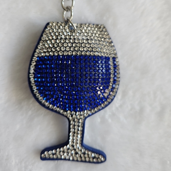 Wine Glass Blue and Silver Rhinestone Keychain Bag Charm - Picture 2 of 3